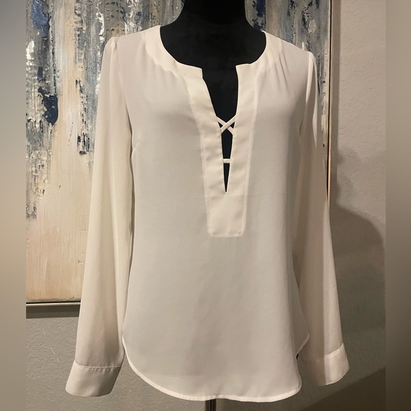 Express Off White Sheer Long Sleeve Low Cut Blouse Size Small - Picture 3 of 6